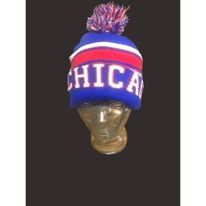 Chicago Cubs Knit Beanie Hat‎ With Pom Blue/Red Striped Design Warm Winter Adult